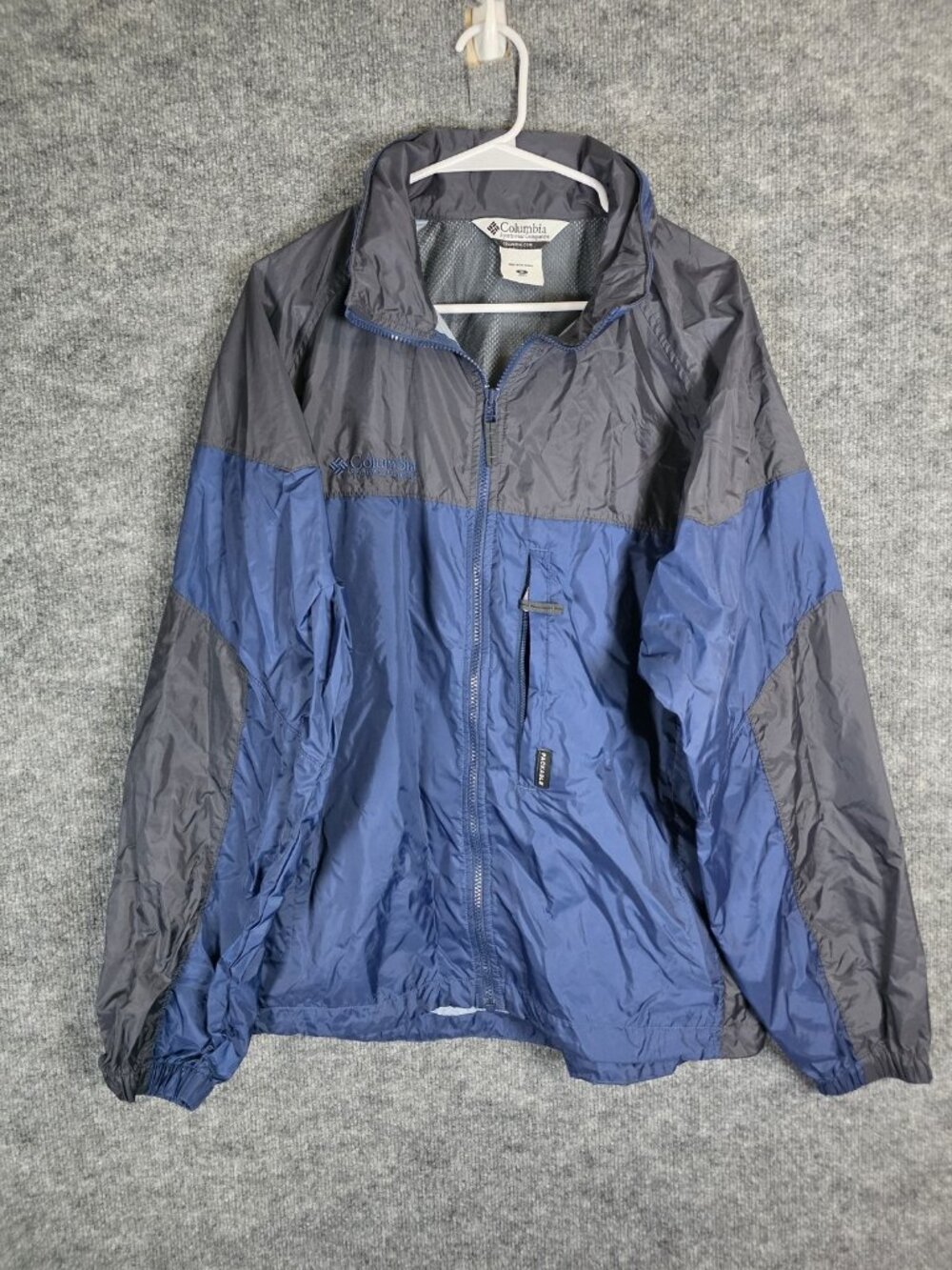 Columbia Jacket Mens Medium Blue Gray Packable Mesh Lined Full Zip Windbreaker